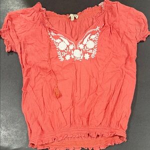 Joie Coral Blouse with White Embroidery